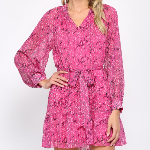NWT Fate Animal Print With Lurex Chiffon Tie Waist Dress In Hot Pink - Picture 3 of 10